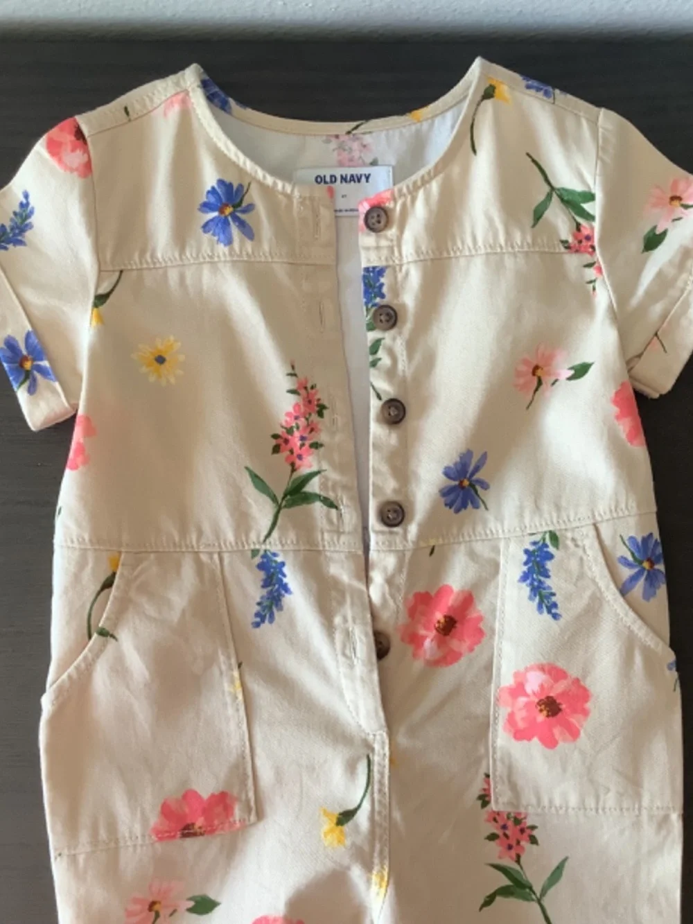 Old Navy Little Girls 4T Khaki Floral 100% Cotton Button Casual Jumpsuit Pockets